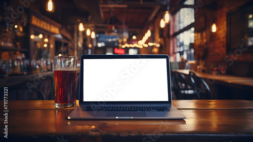 a laptop and a glass of beer on a table