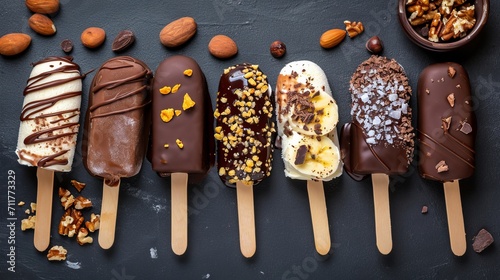 Ice cream on stick coated with various chocolate glazes and toppings. Top view, flat lay. Close up shot.    