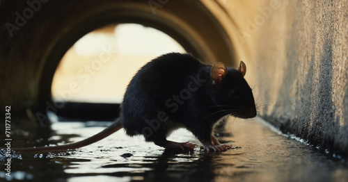  A silhouette of a brown rat in a sewer drain, sniffing the surroundings with its furry body casting a shadow.