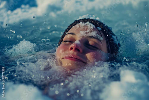 Close up face view of a smiling happy young woman winter swimming in ice hole of a frozen lake with snow and copy space © J S