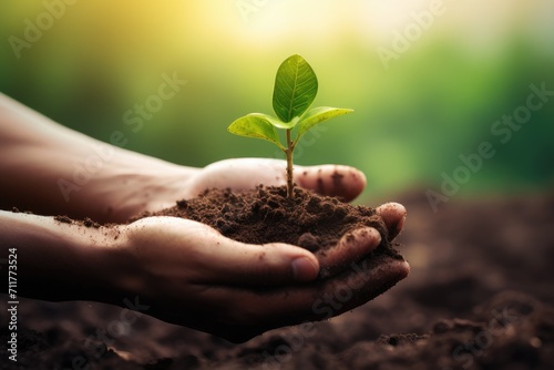 A person holds a plant in their hands, showcasing their connection, Human hands cradling a green sprout emerging from the soil against a blurred nature background, AI Generated