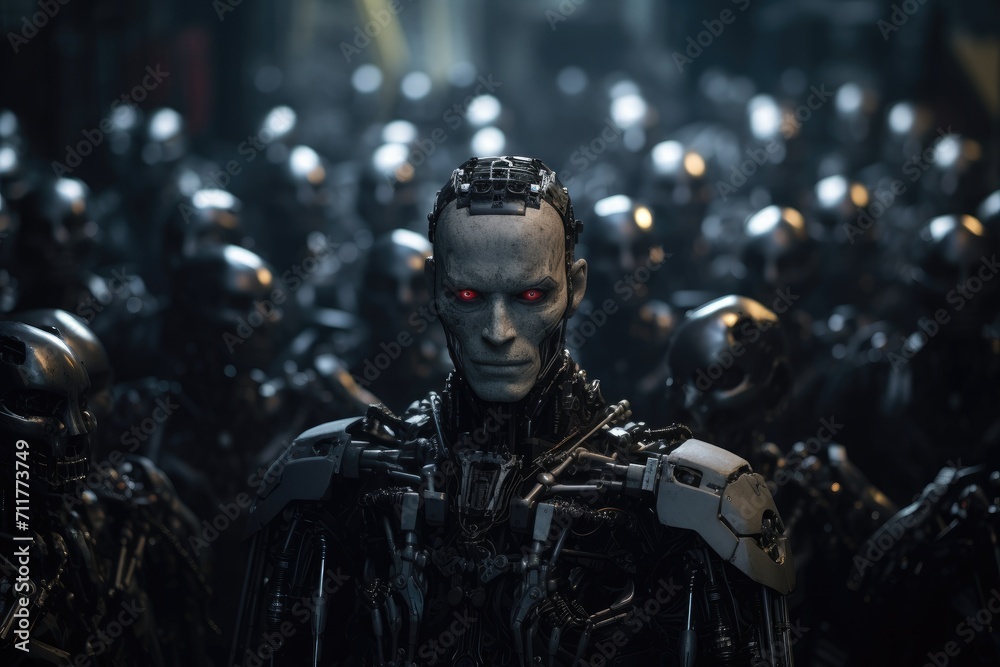 Group of Humanoids Standing in Dark Room, Humanity's Last Stand, A masked human leader defiantly leads the final resistance against overwhelming AI robots, AI Generated Group of Humanoids Standing in Dark Room, Humanity's Last Stand, A masked human leader defiantly leads the final resistance against overwhelming AI robots, AI Generated