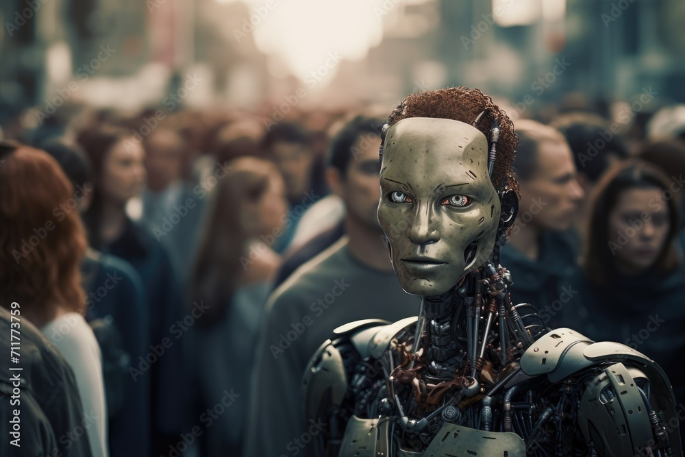 A large group of people walk down a busy street, surrounded by buildings and bustling with activity, Humanoid robot observed in a crowd, presented in a toned 3D rendering image, AI Generated A large group of people walk down a busy street, surrounded by buildings and bustling with activity, Humanoid robot observed in a crowd, presented in a toned 3D rendering image, AI Generated