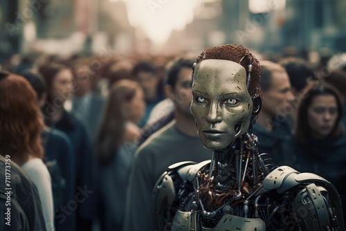 A large group of people walk down a busy street, surrounded by buildings and bustling with activity, Humanoid robot observed in a crowd, presented in a toned 3D rendering image, AI Generated