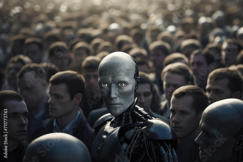 A diverse group of individuals smiling and posing for a photo while standing closely next to each other, Humanoid robot observed in a crowd, presented in a toned 3D rendering image, AI Generated