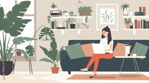 People, Technology, Remote, Distance Work, Workplace, Digital Nomad Concept. Woman With Laptop At Home. 
