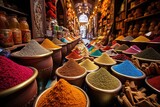 Assorted Spices Galore, Immerse in an exotic spice bazaar, with colorful sacks and jars showcasing a diverse array of global flavors in a vibrant market setting, AI Generated