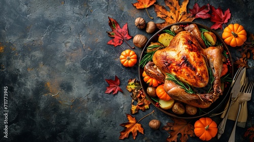Roasted whole chicken or turkey with pumpkins, pepper and potatoes. With colorful mini pumpkins, autumn leafs and chestnuts served around aged stone dark rustic background, frame. Thanksgiving Day 
