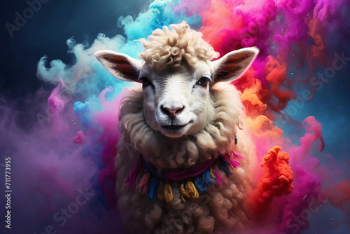 sheep with colorful smoke