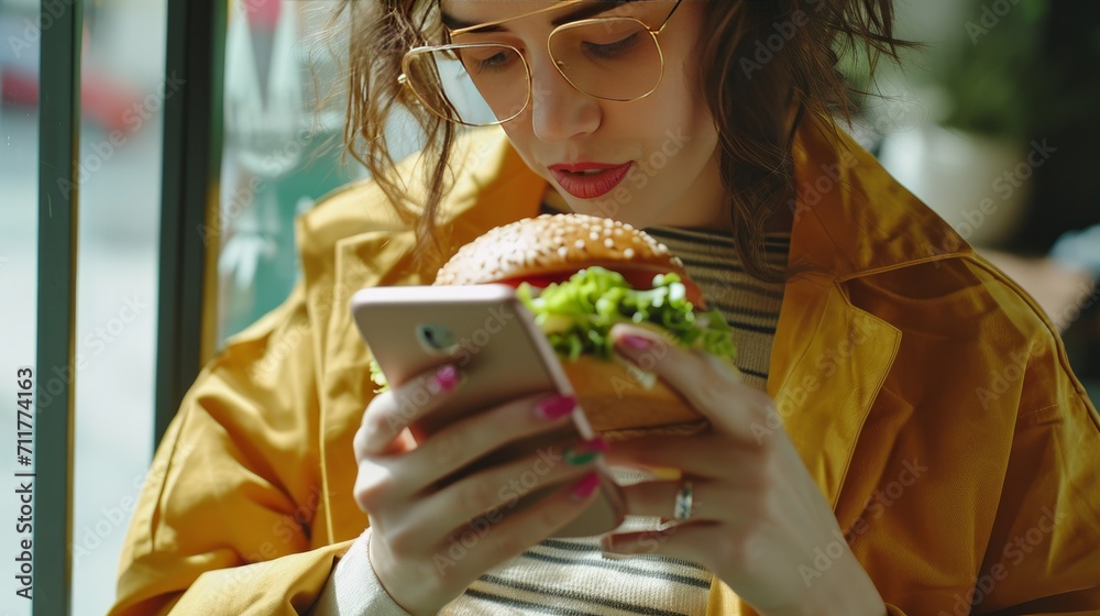 sandwich and woman using smartphone   