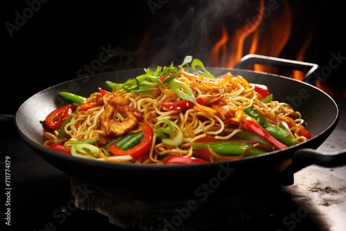 Noodles and Vegetables in Wok Cooking on Stove, Indulge in the fiery excitement of Asian street food with a sizzling wok filled, AI Generated