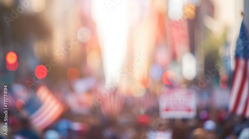 Blurred street background with a crowd at a political rally with signs and US flags.