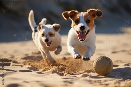 Two small dogs energetically playing together with a ball in the sandy beach, Jack Russell Terrier and Jack Russell Terrier playing in the sand, AI Generated