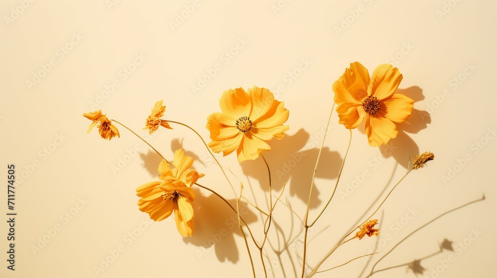 Aesthetic Autumn Floral Still Life: Creative Flat Lay with Withered Cosmos Flowers, Beautiful Sunlight Shadow, and Minimalistic Monochrome Background