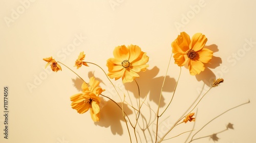 Aesthetic Autumn Floral Still Life: Creative Flat Lay with Withered Cosmos Flowers, Beautiful Sunlight Shadow, and Minimalistic Monochrome Background © Pasinee