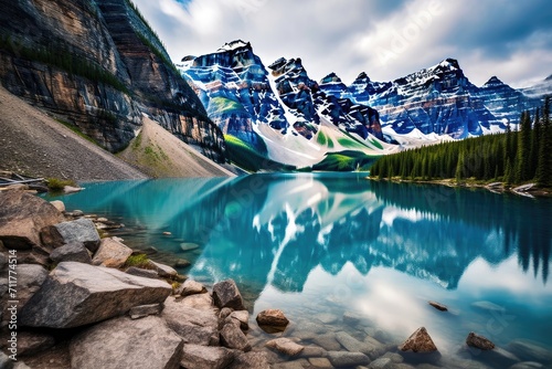 A stunning lake is surrounded by towering mountains and rugged rocks under a dramatic cloudy sky, Lake Moraine, Banff National Park, AI Generated