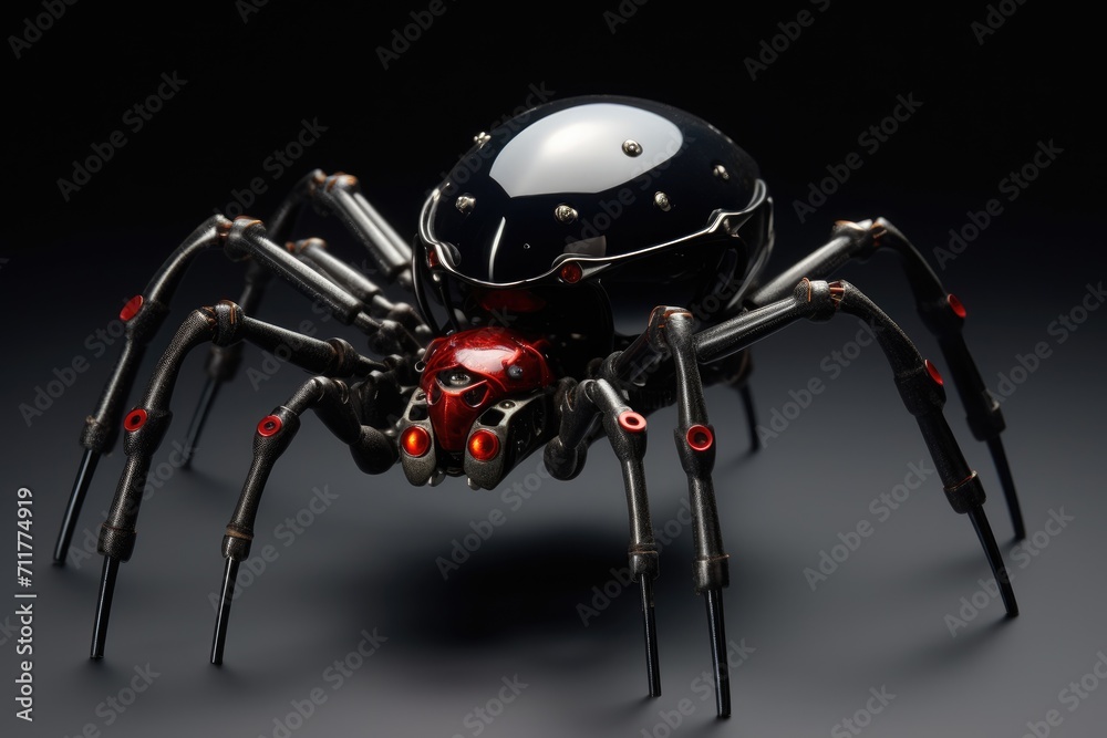 Fototapeta premium A striking image featuring a massive spider proudly sporting a helmet on its head, showcasing its unique appearance, Genetically modified robotic black widow spider, AI Generated