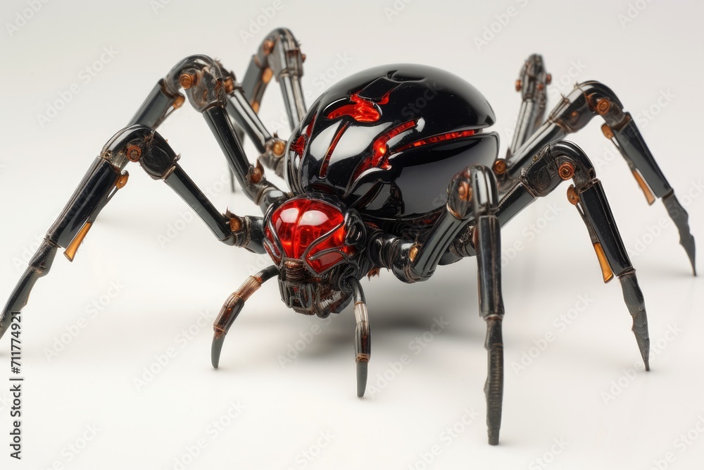 Fototapeta premium A menacing black spider with vibrant red eyes and sharp claws ready to strike, Genetically modified robotic black widow spider, AI Generated