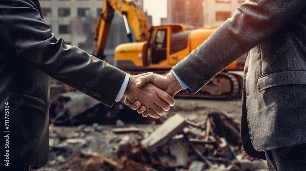 Handshake in meetings at the construction site for successful discussion and negotiation Handshake in meetings at the construction site for successful discussion and negotiation