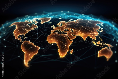 A visual representation of global networks showcased through lines and dots on a map of the world, Global network connection on a world map hologram, black background, AI Generated