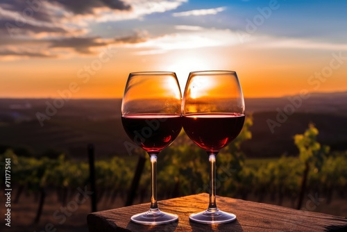 Two glasses of wine, filled to the brim, sit side by side on top of a rustic wooden table, Glasses of red wine at sunset with vineyards in the background, AI Generated