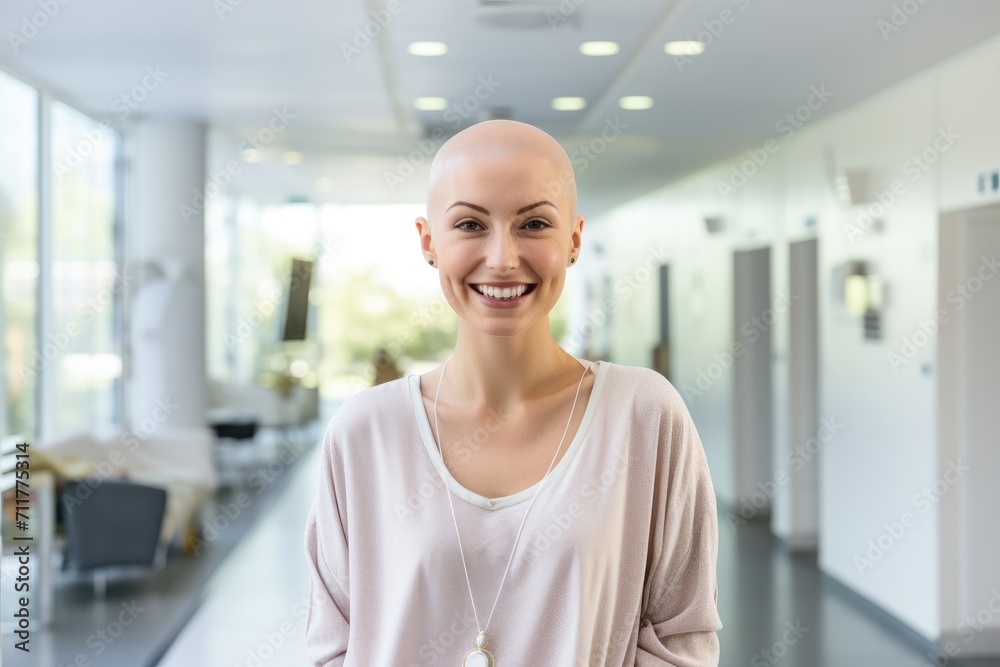 Fototapeta premium A woman with a bald head stands alone in a hallway, depicting strength and resilience, Happy cancer patient, Smiling woman after chemotherapy treatment at hospital oncology department, AI Generated