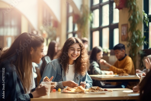 A diverse group of individuals enjoying a meal together at a table filled with delicious food, Happy students eating food during lunch time in school cafe, AI Generated