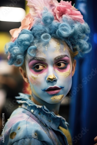 A close-up shot capturing the detailed makeup application on a child s face backstage before performing in a theater