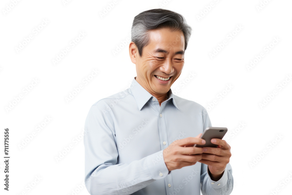 Smiling senior Asian businessman confidently using a mobile phone, embracing modern technology Smiling senior Asian businessman confidently using a mobile phone, embracing modern technology