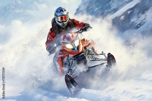 A man rides a snowmobile down a snow-covered slope, kicking up powder in his wake, In deep snowdrift snowmobile rider driving fast, AI Generated
