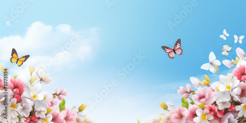 A beautiful nature scene with blooming flowers, butterflies, and a clear blue sky, capturing the essence of spring and summer.