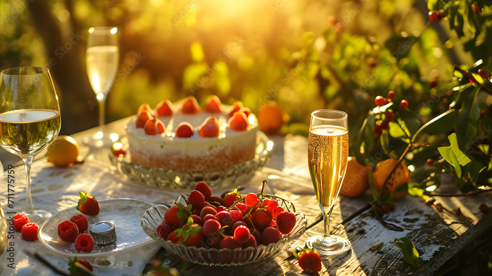 Two glasses of champagne and a cake with berries on a wooden table.