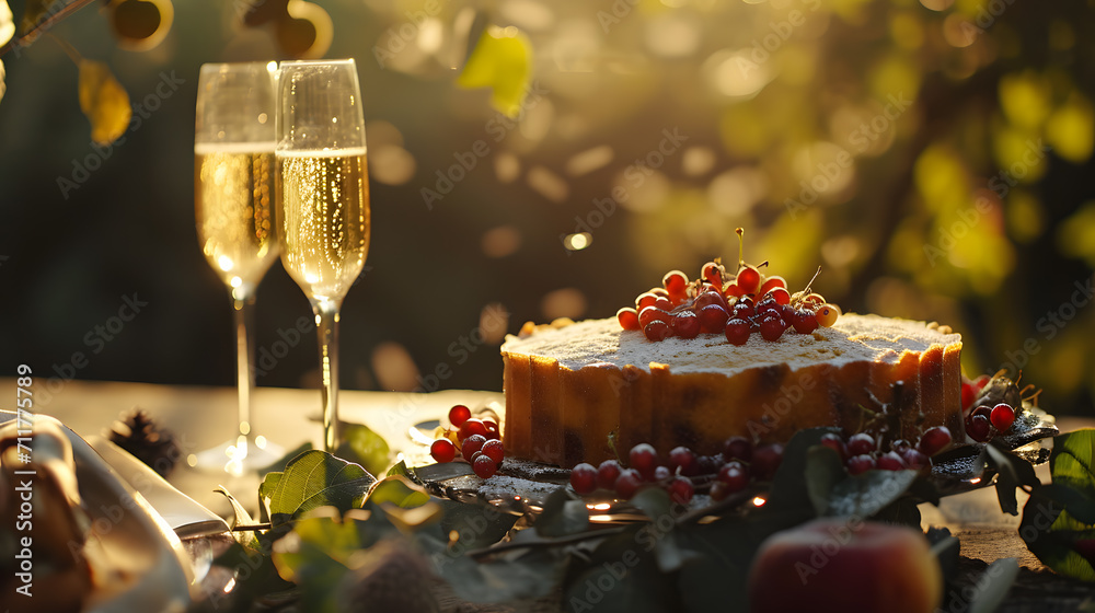 Two glasses of champagne and a cake with berries on a wooden table.