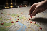 A person points at a map with red pins, marking important locations for navigation and travel purposes, Location marking with a pin on a map with visible routes, AI Generated