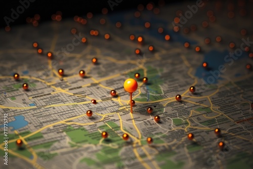 A map featuring multiple orange pins marking various points of interest across different parts of the world, Location marking with a pin on a map with visible routes, AI Generated