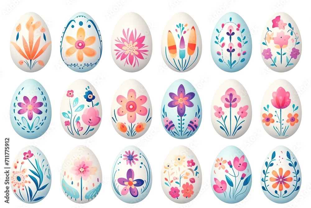 set of Pastel Easter egg assortment with playful nature floral patterns, spring holiday themes and craft inspiration