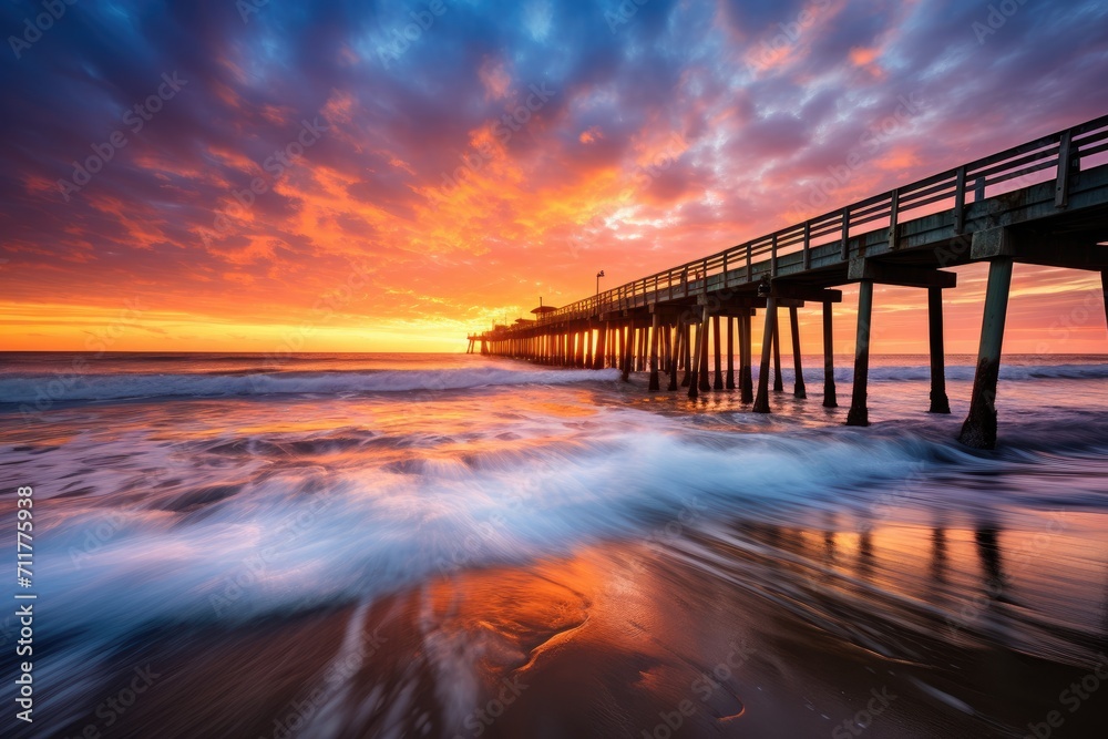 A pier stretching into a body of water, creating a connection between land and the surrounding aquatic environment, Long tall pier at sunset, small waves rolling in, AI Generated
