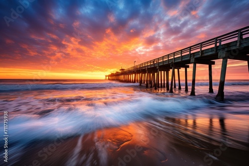 A pier stretching into a body of water, creating a connection between land and the surrounding aquatic environment, Long tall pier at sunset, small waves rolling in, AI Generated © Iftikhar alam