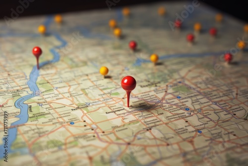 This image shows a highly detailed map with several pins strategically marking different locations, Location marking with a pin on a map with visible routes, AI Generated