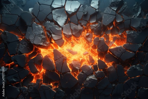A close up image of a cracked wall revealing a fierce fire  portraying a scene of destruction and danger  Glowing fissures in a digital wall  AI Generated