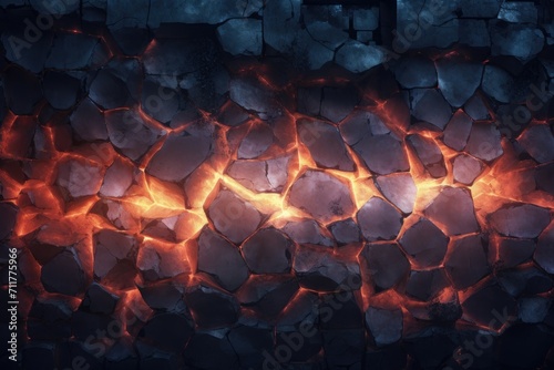 Feel the warmth and embrace the cozy atmosphere with this close-up image of a fire in a fireplace, Glowing fissures in a digital wall, AI Generated