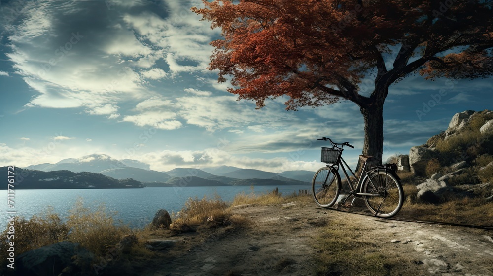 the bicycle is prominently placed in the foreground to attract the viewer's attention. This adds a dynamic element and creates a sense of depth making the landscape more exciting.