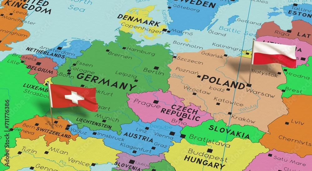 Poland and Switzerland - pin flags on political map - 3D illustration
