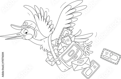 Funny stork mailman with a postal uniform cap flying with a large bag of envelops with letters, black and white outline vector cartoon illustration for a coloring book