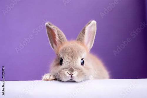 Cute bunny little ears  white rabbit on lavender background  Easter celebrations and pet care with copyspace for text.