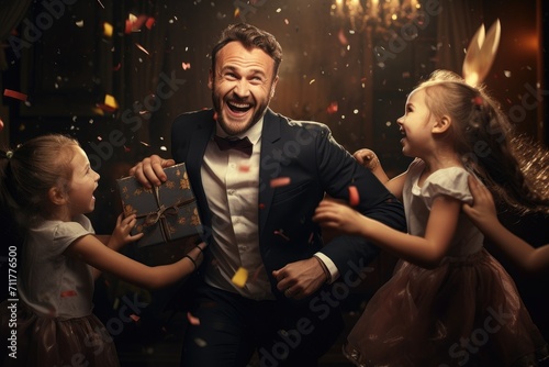 This image captures the delightful scene of a man in a tuxedo surrounded by joyful children, Happy father getting congratulations from kids, AI Generated