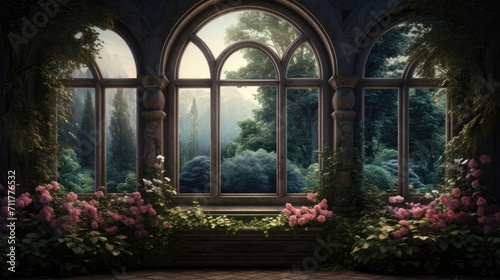 window frame as a natural border to frame the view of the green garden to highlight the lush foliage, creating a seamless blend of indoor and outdoor spaces. © Светлана Канунникова