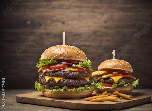 hamburger and fries, chicken, beef and shrimp burgers