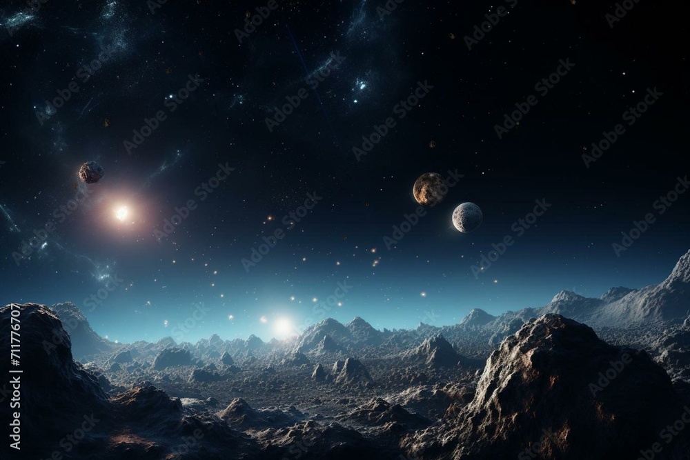 many asteroids on the horizon surrounding a central star, digitally produced in 3D. Generative AI