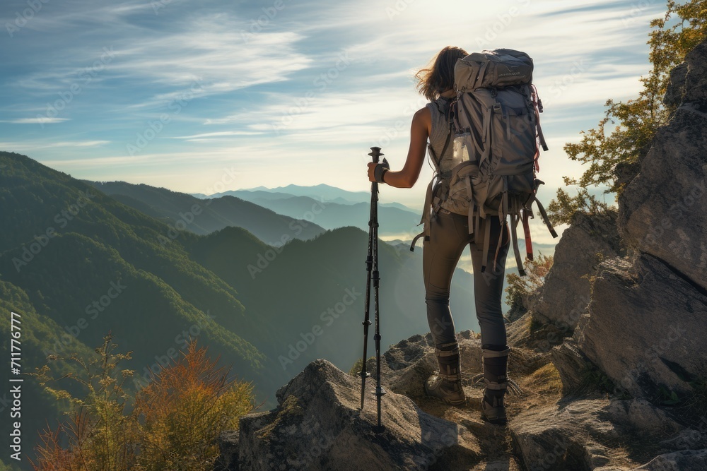 An adventurous woman conquers the challenging climb as she hikes up the side of a majestic mountain, Hiker woman with trekking sticks climbs steep on mountain trail, AI Generated